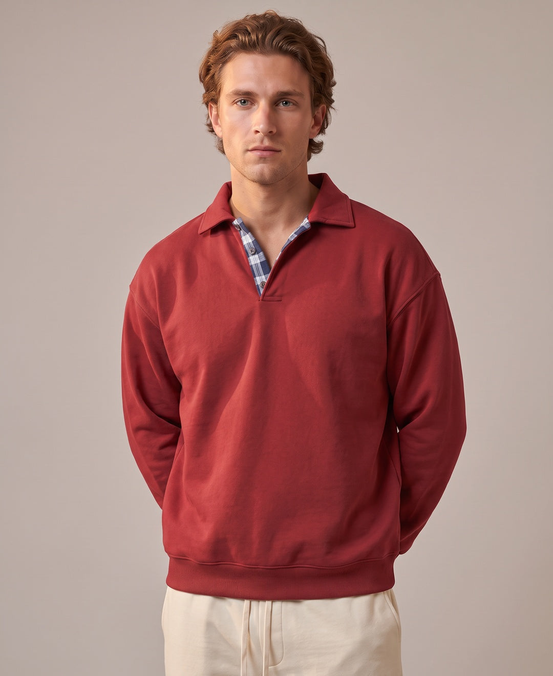 Men's red collared sweatshirt, front view