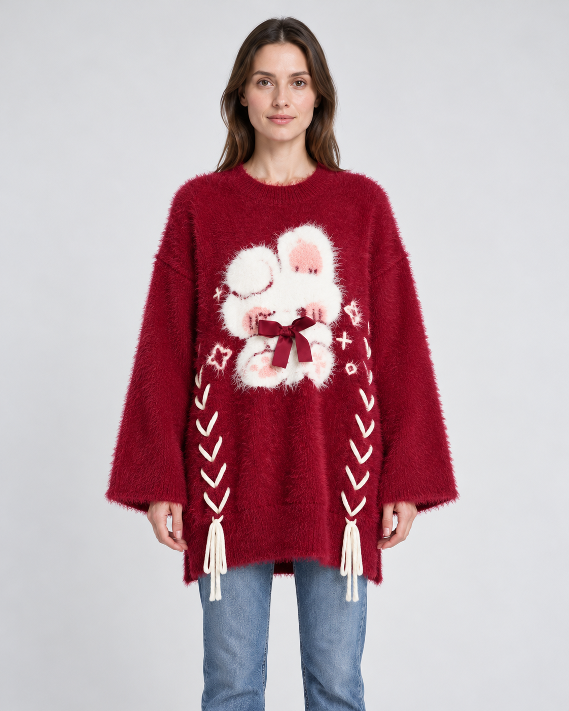 Fluffy Bunny Lace-Up Oversized Christmas Jumper, red, front view