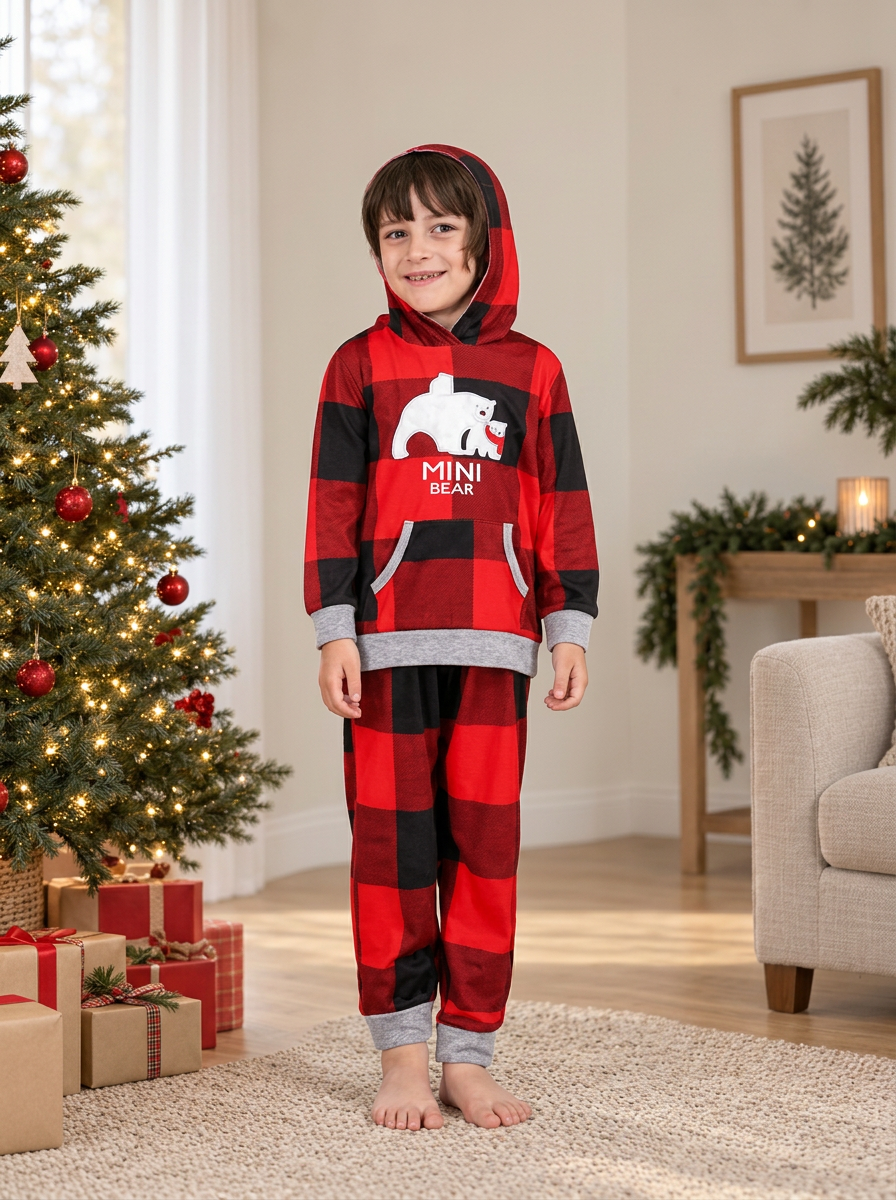 Buffalo Check Bear Hooded Matching Family Christmas Pyjamas, kids' set