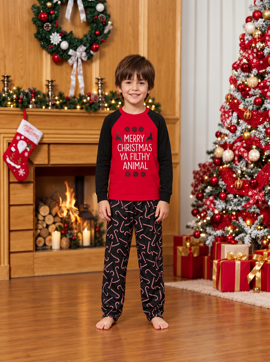 Slogan Raglan Top Candy Cane Matching Family Christmas Pyjamas, kids' set