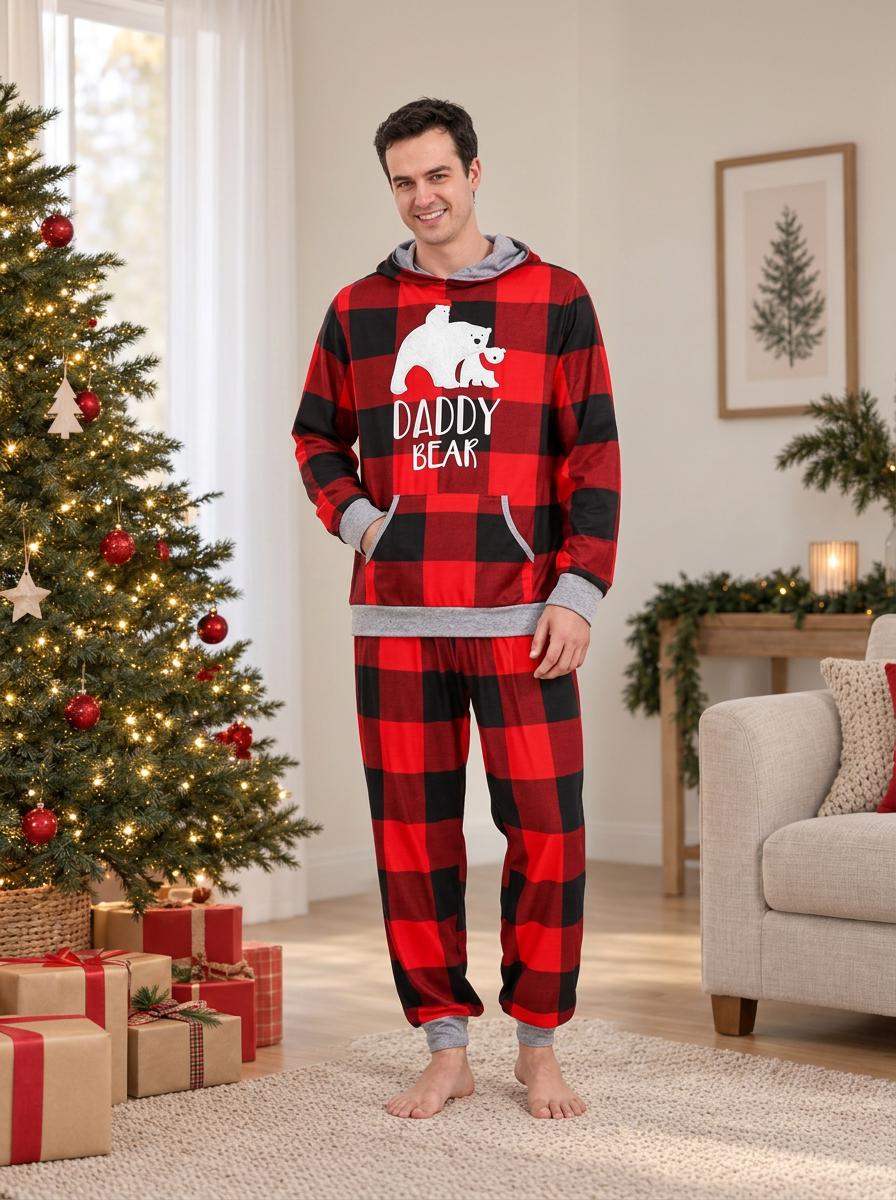 Buffalo Check Bear Hooded Matching Family Christmas Pyjamas, men's set