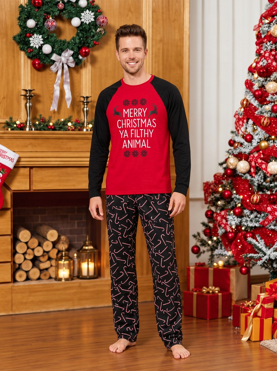 Slogan Raglan Top Candy Cane Matching Family Christmas Pyjamas, men's set