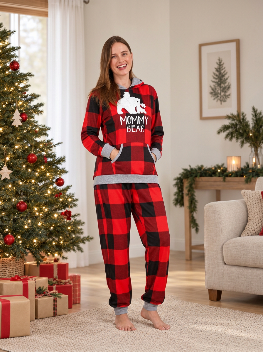 Buffalo Check Bear Hooded Matching Family Christmas Pyjamas, women's set