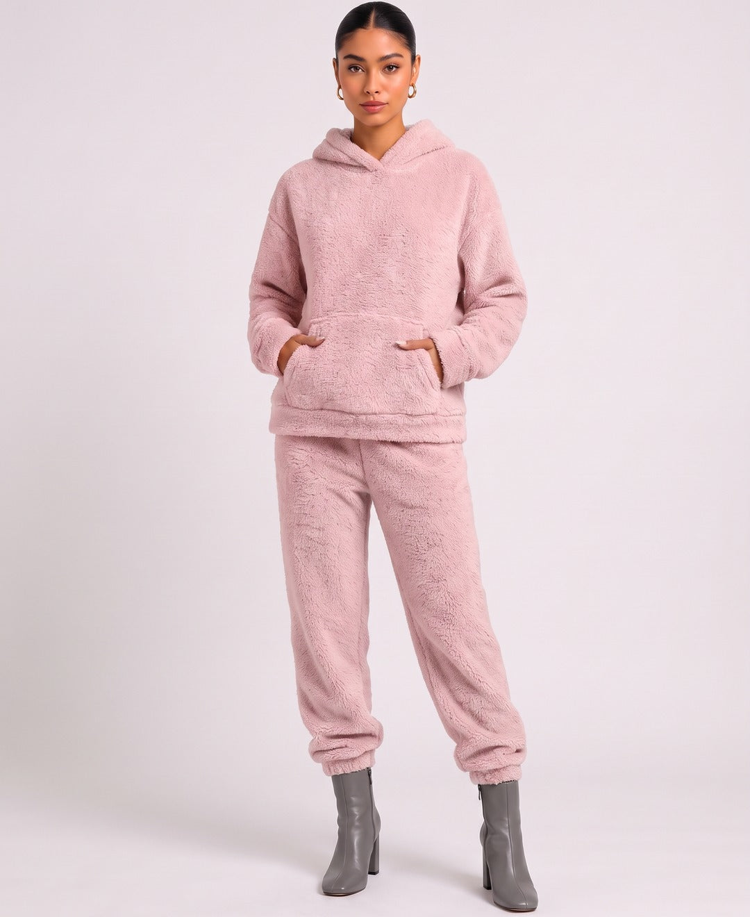 Freya Teddy Fleece Set in Pink, front view