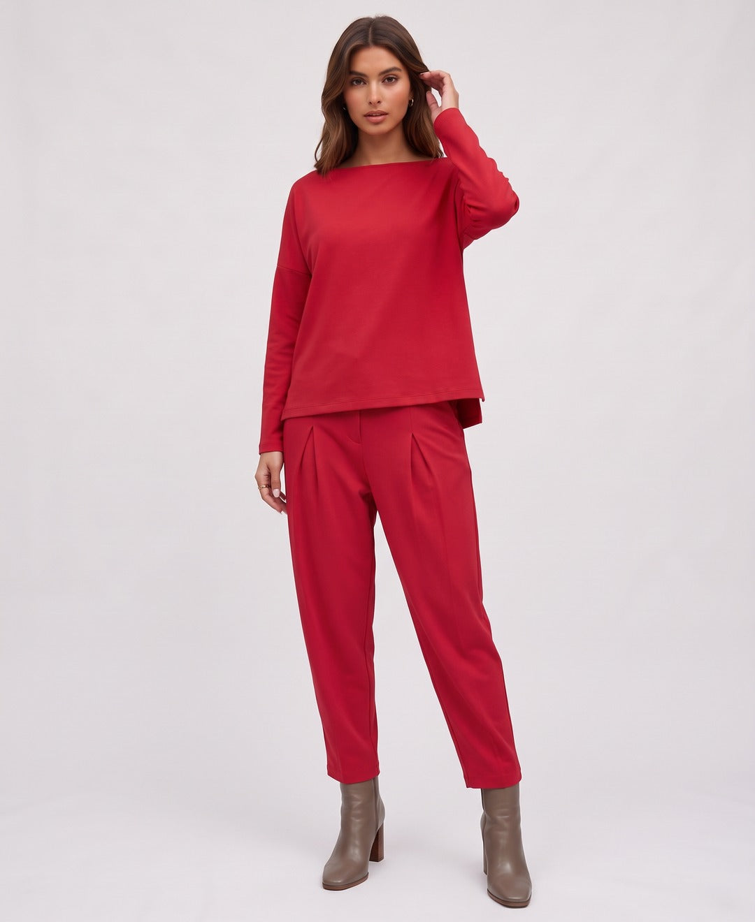 Yvette Boatneck Set in Red, front view