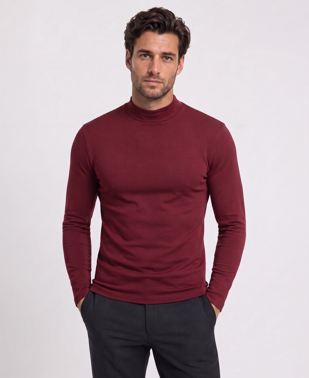 Men's thermal mock-neck base layer top in burgundy, front view