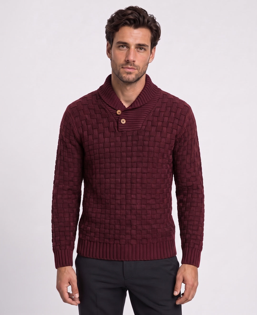Men's chunky shawl-collar knit sweater in burgundy, front view