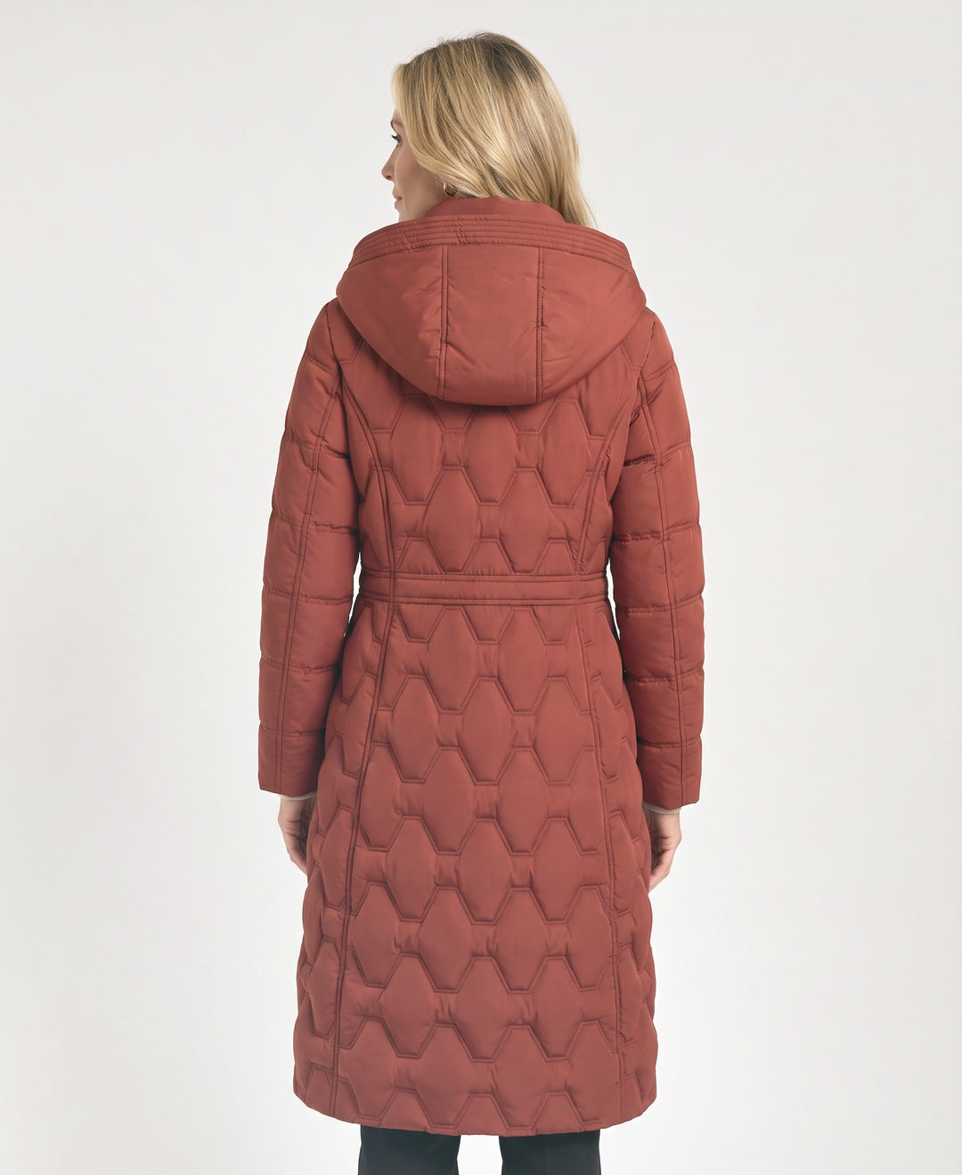 Long Hexagon Quilted Puffer Coat Hood Fitted Waist rust red back view