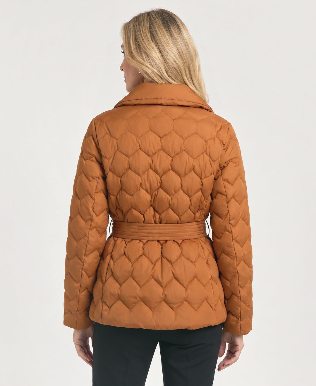 Belted Quilted Jacket Shawl Collar Chevron Quilting rust back view