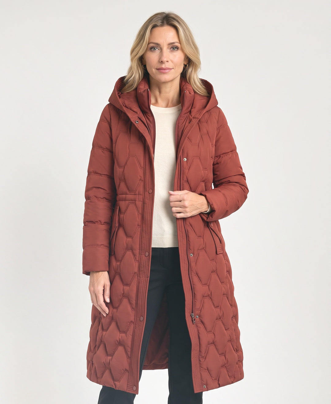 Long Hexagon Quilted Puffer Coat Hood Fitted Waist rust red front view