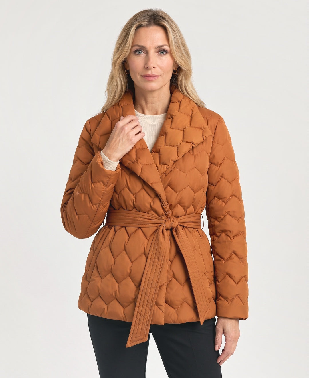 Belted Quilted Jacket Shawl Collar Chevron Quilting rust front view