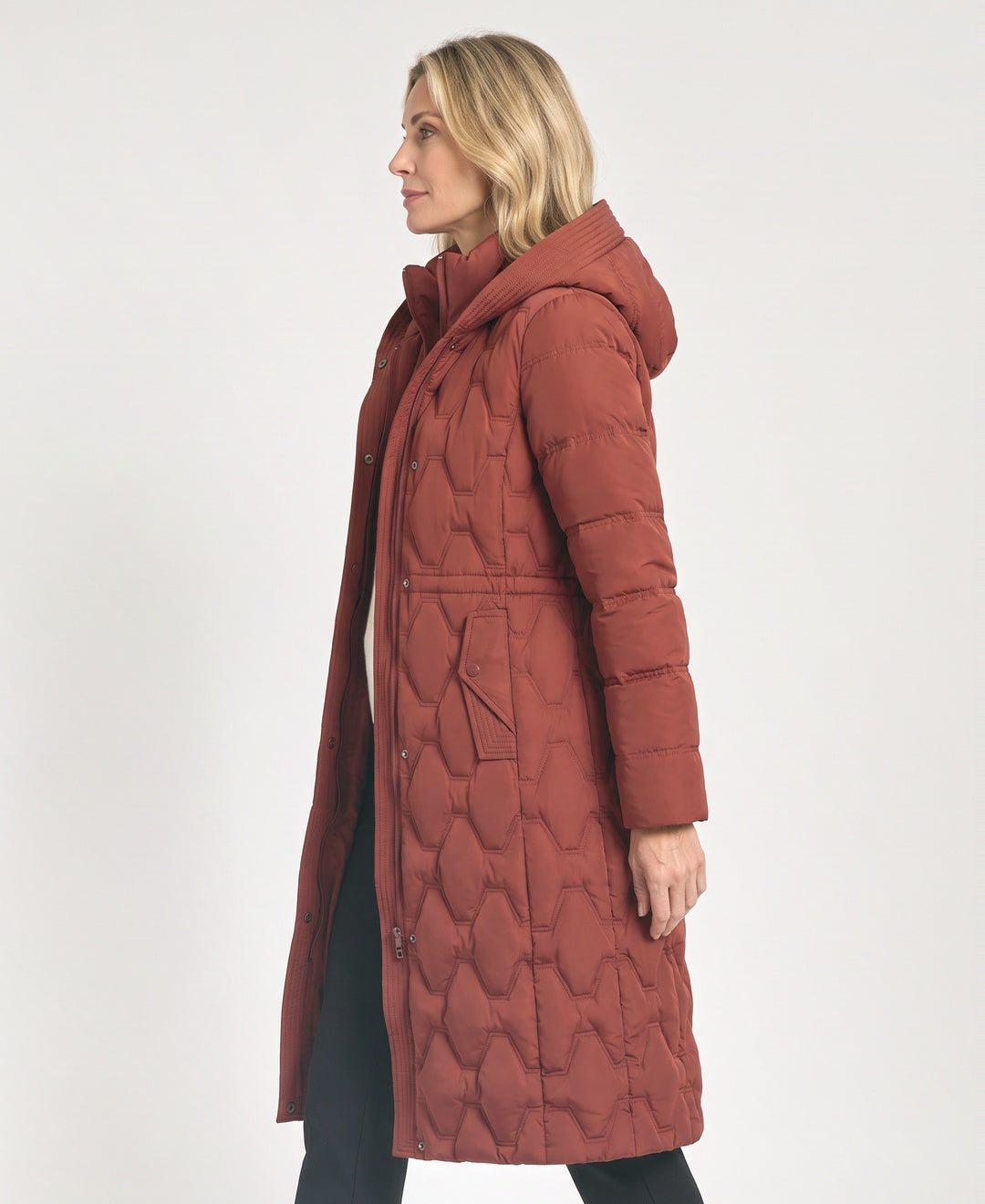 Long Hexagon Quilted Puffer Coat Hood Fitted Waist rust red side view