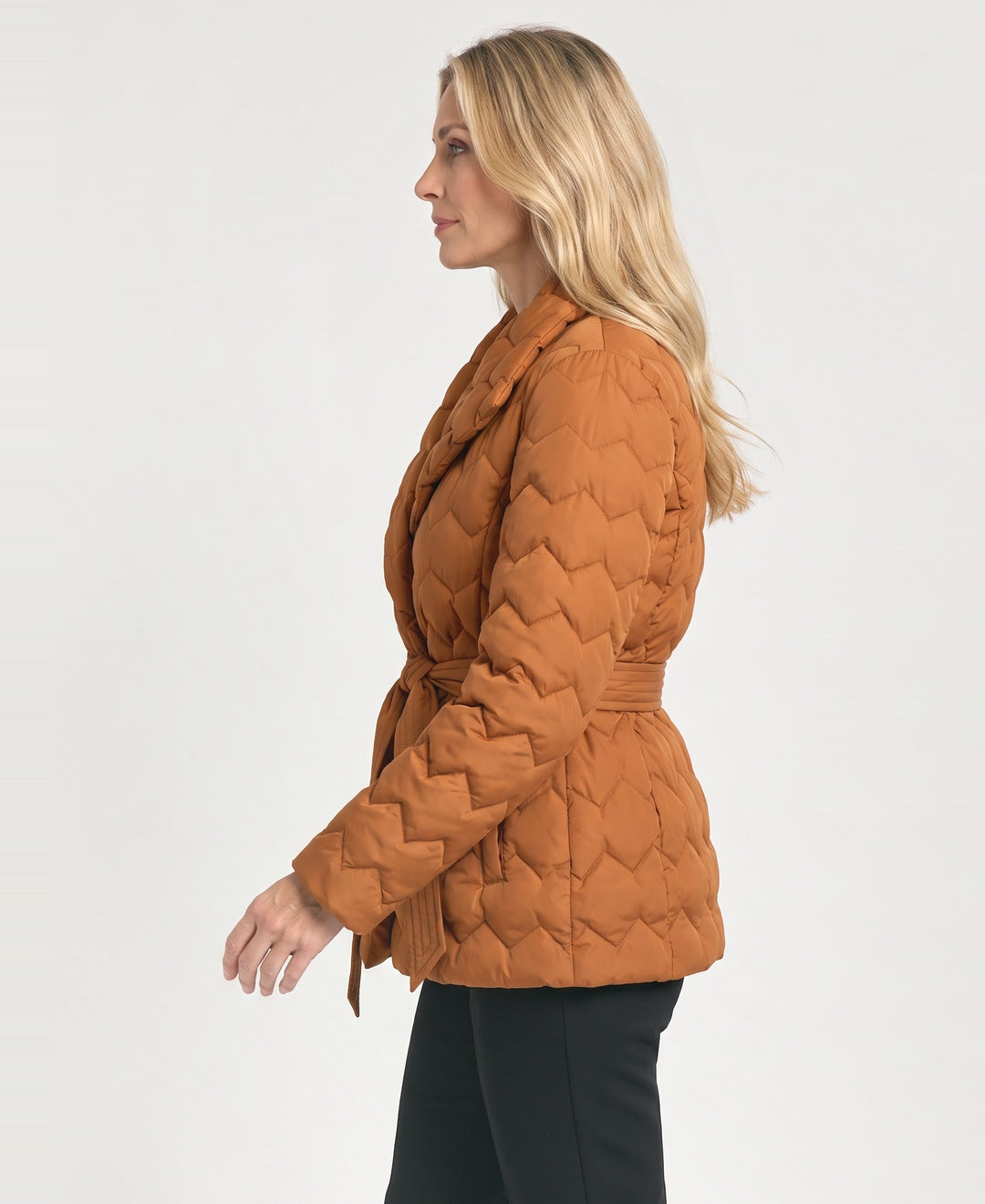 Belted Quilted Jacket Shawl Collar Chevron Quilting rust side view