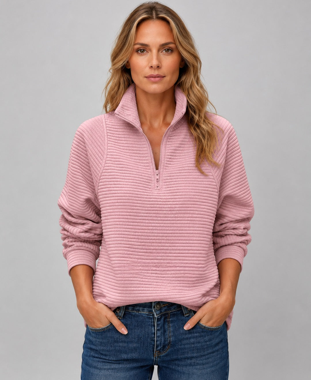 Womens ribbed half zip knit jumper in Pink front