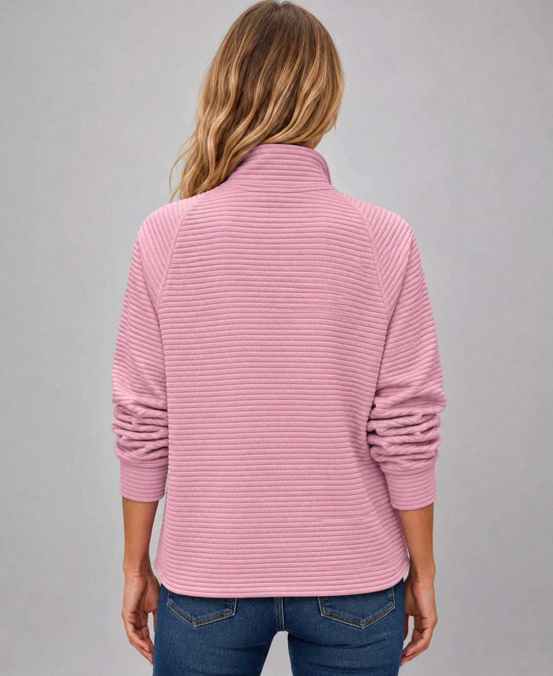 Womens ribbed half zip knit jumper in Pink back