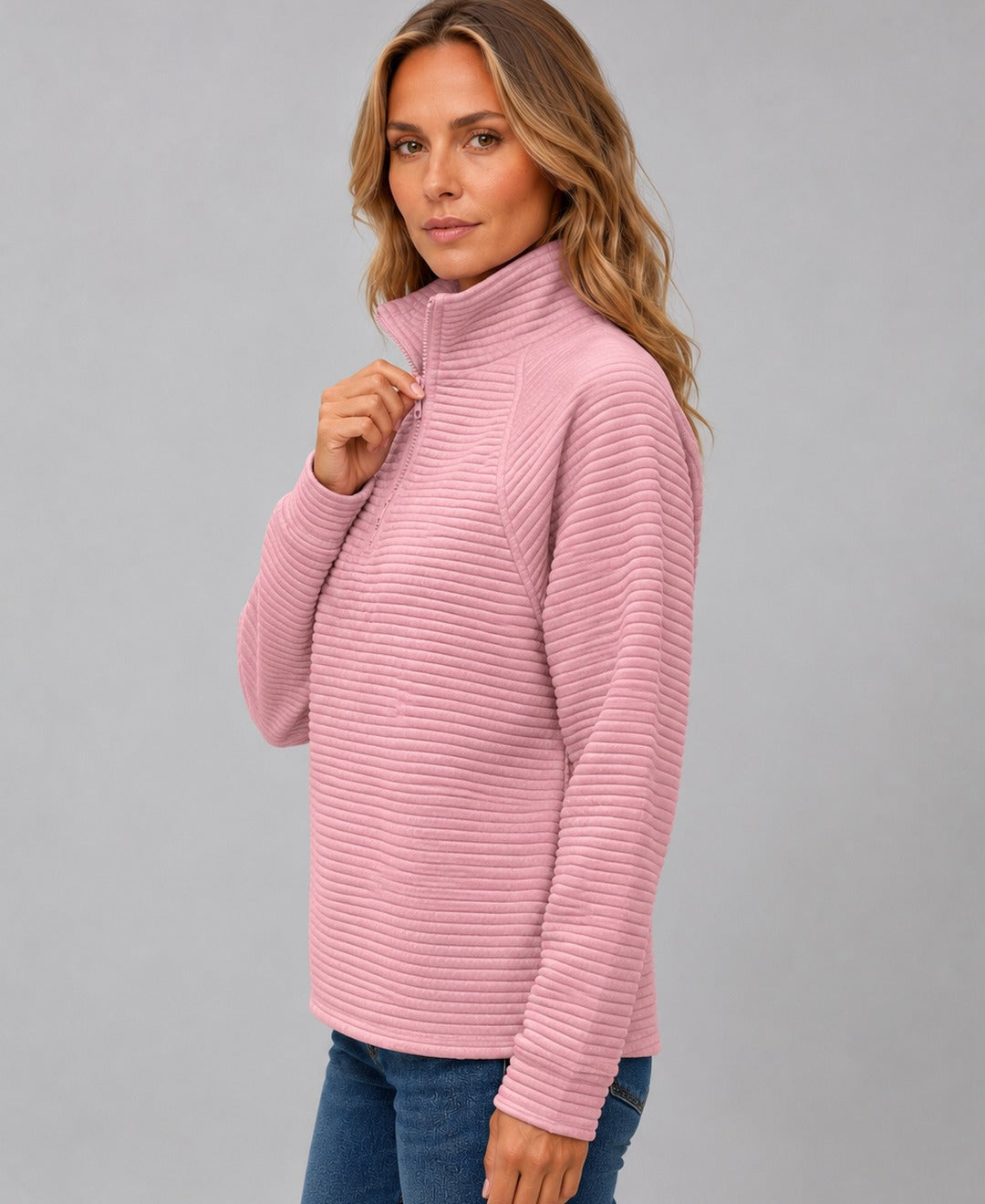 Womens ribbed half zip knit jumper in Pink side