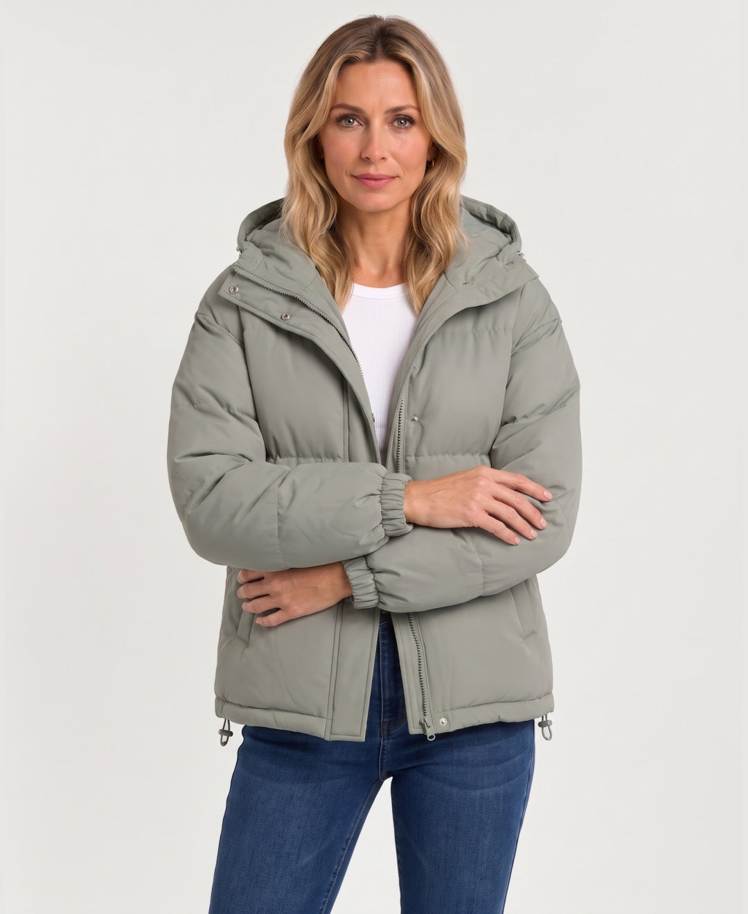 Women's short hooded puffer jacket sage green front view