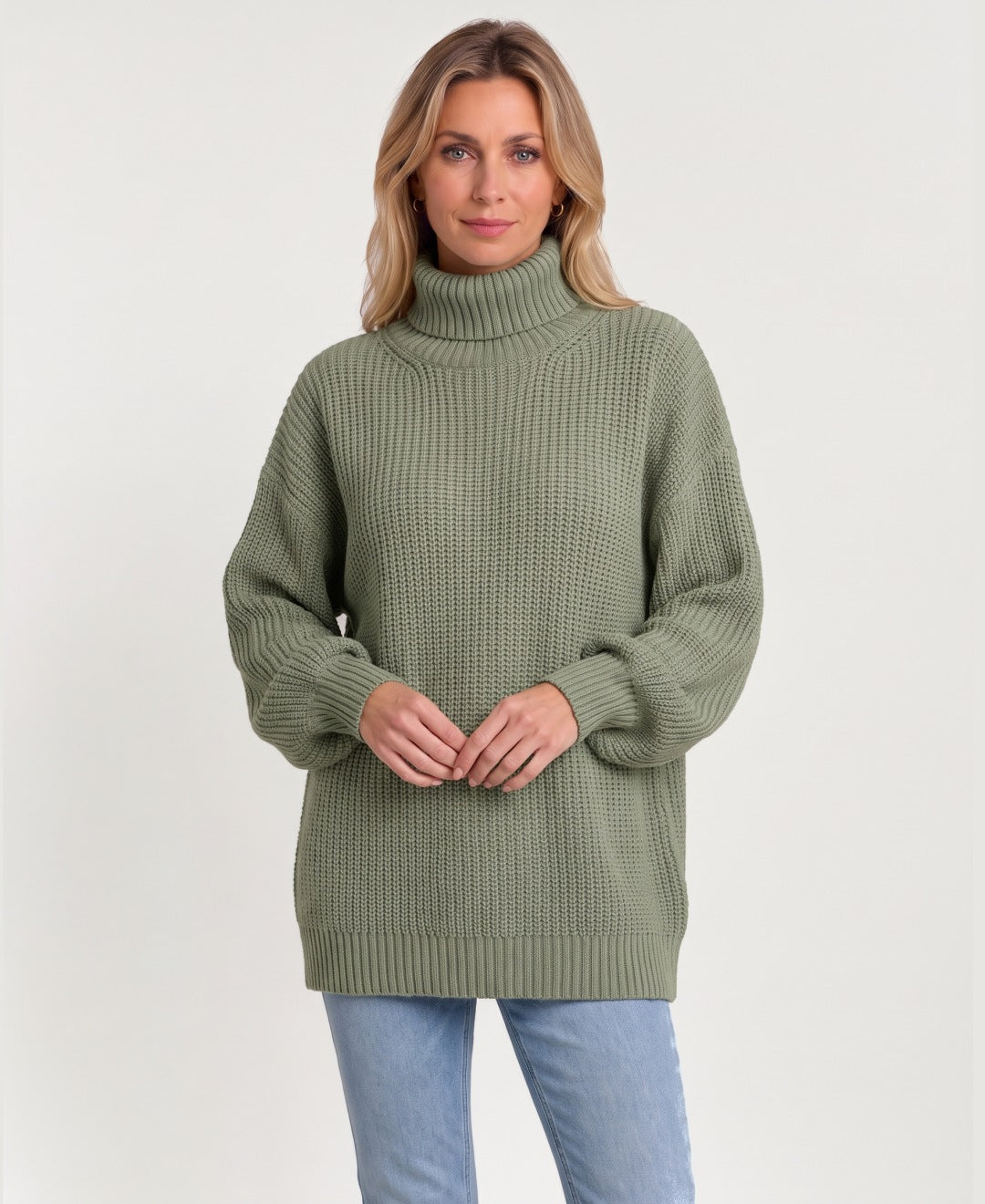 Women's chunky rib knit roll neck jumper sage green front view