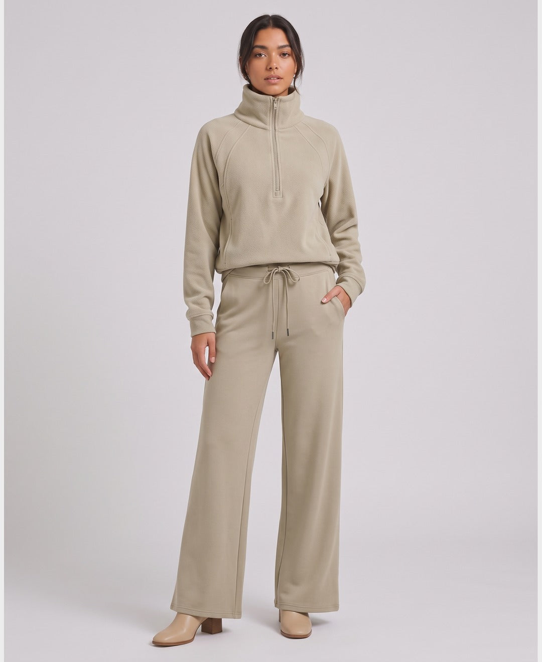 Tamsin Funnel Collar Jogger Set in Sand, front view