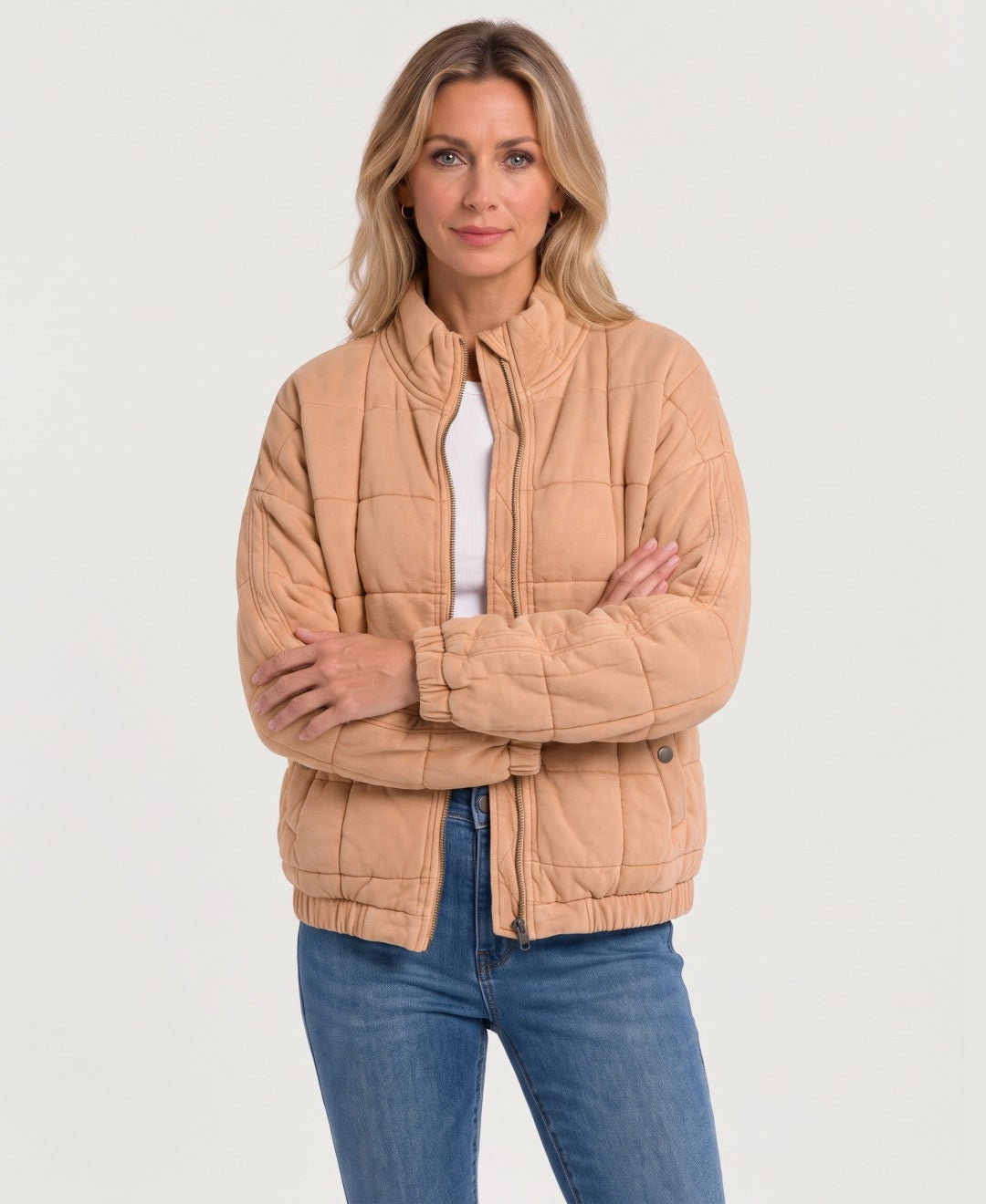Women's quilted zip-up jacket sand front view