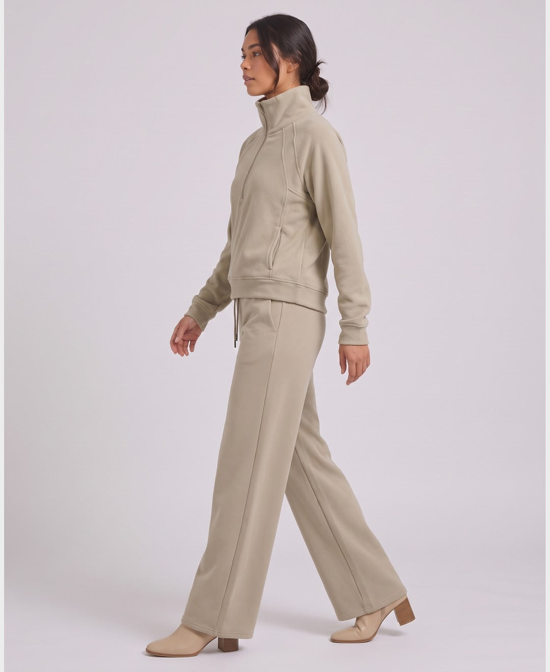 Tamsin Funnel Collar Jogger Set in Sand, side view