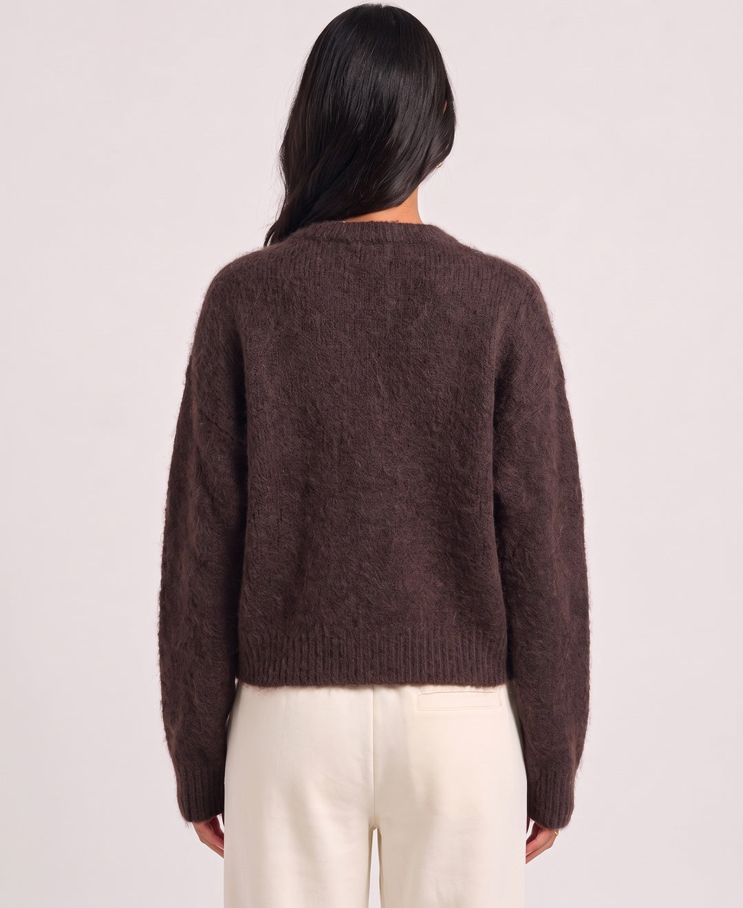 Saskia Fuzzy Mohair Cardigan in Brown, back view