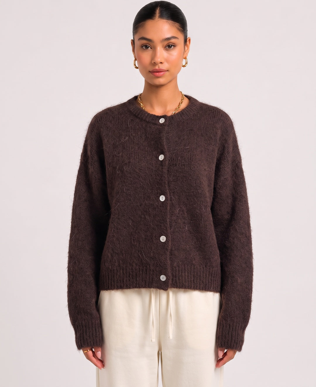 Saskia Fuzzy Mohair Cardigan in Brown, front view
