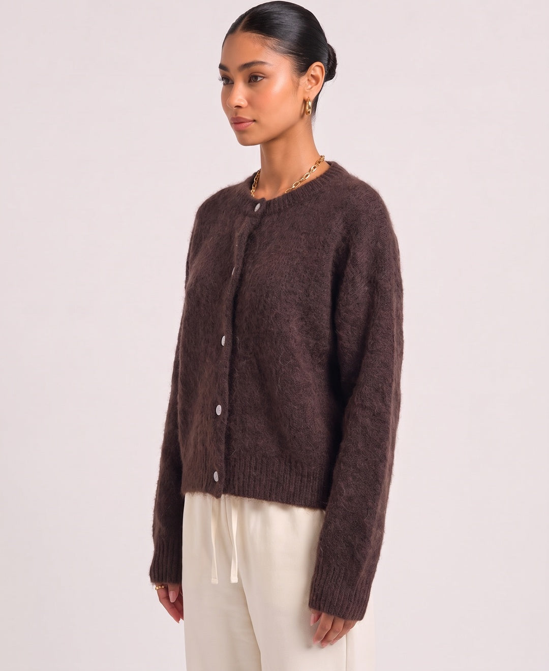 Saskia Fuzzy Mohair Cardigan in Brown, side view