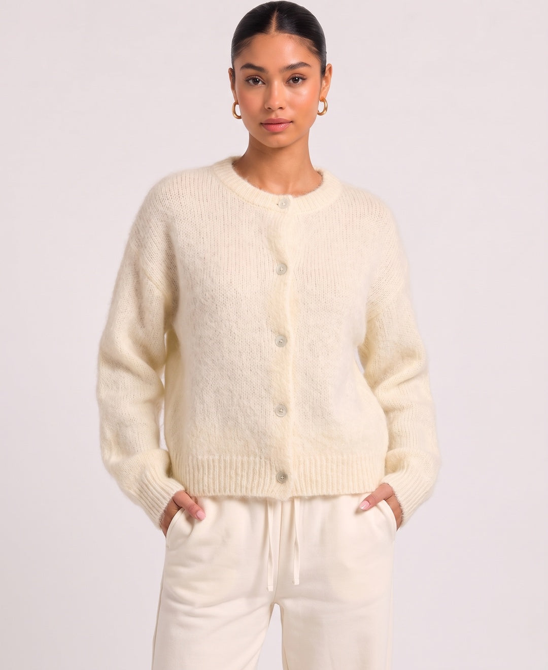 Saskia Fuzzy Mohair Cardigan in Cream, front view