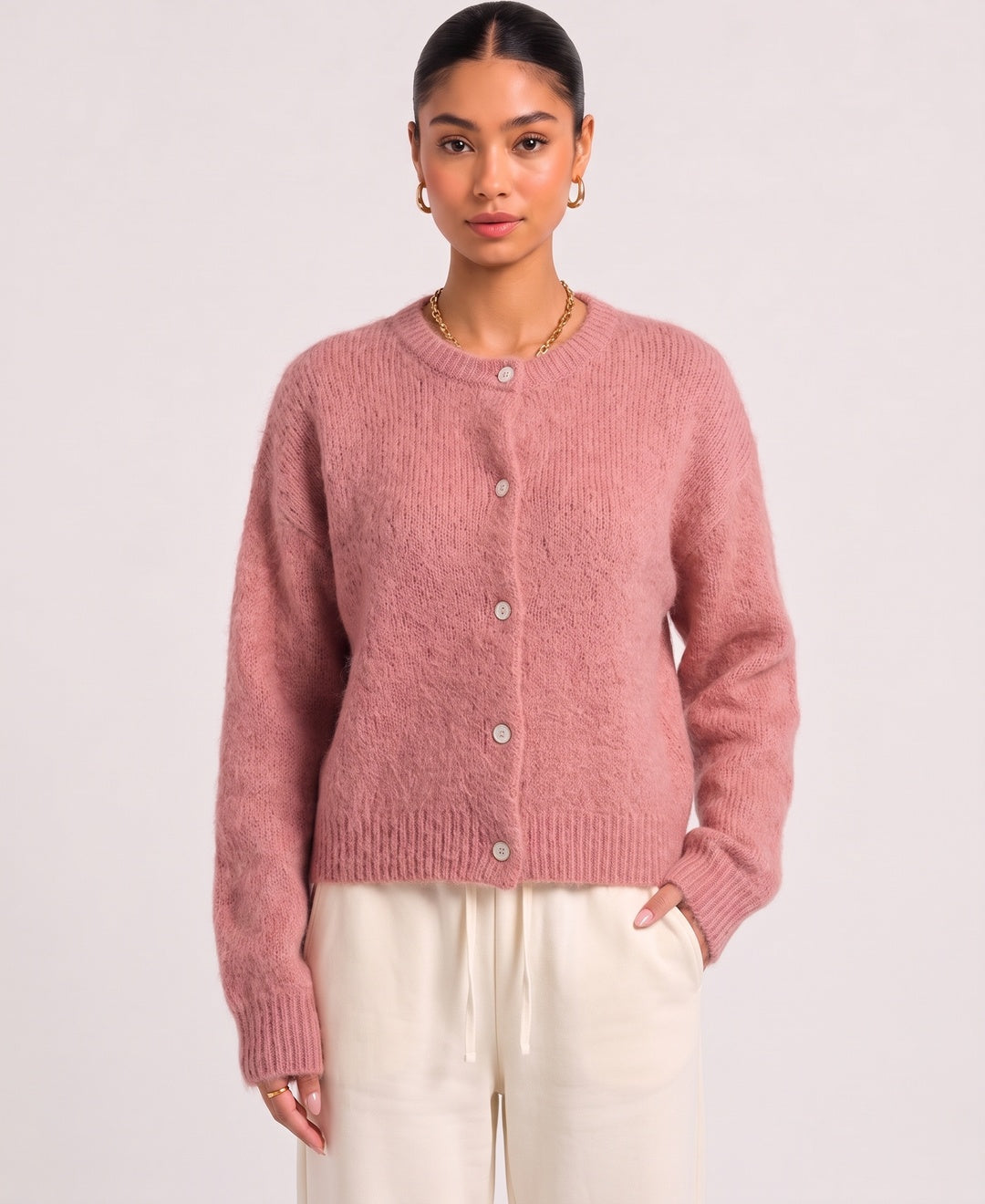 Saskia Fuzzy Mohair Cardigan in Pink