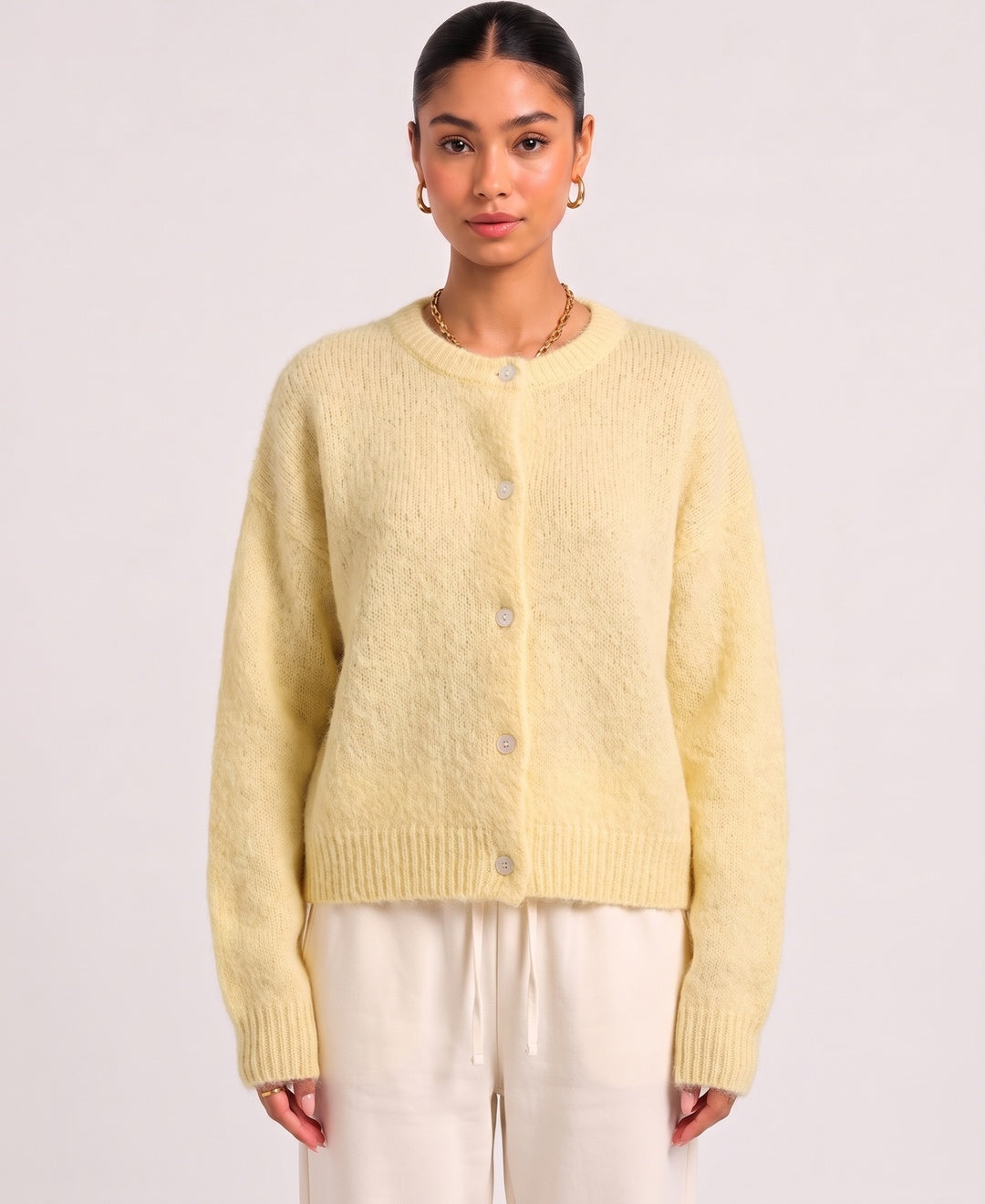 Saskia Fuzzy Mohair Cardigan in Yellow, front view