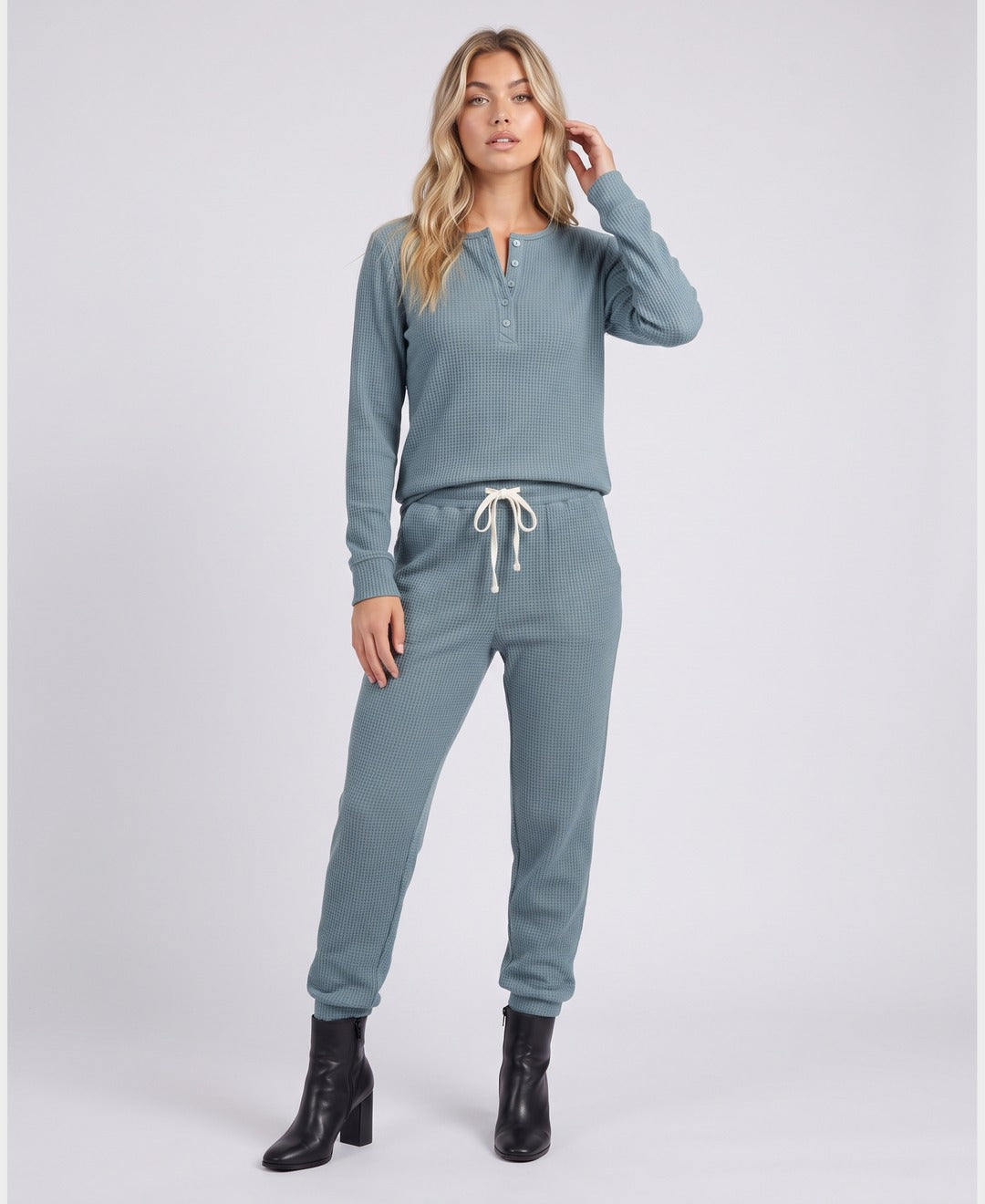 Brenda Waffle Henley Set in Sea Blue, front view