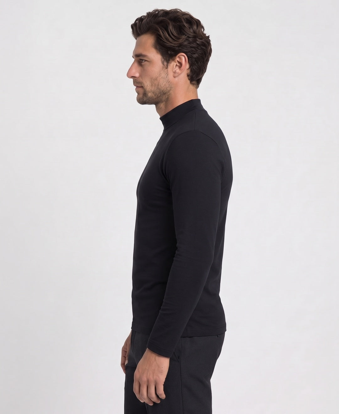 Men's thermal mock-neck base layer top in black, side view