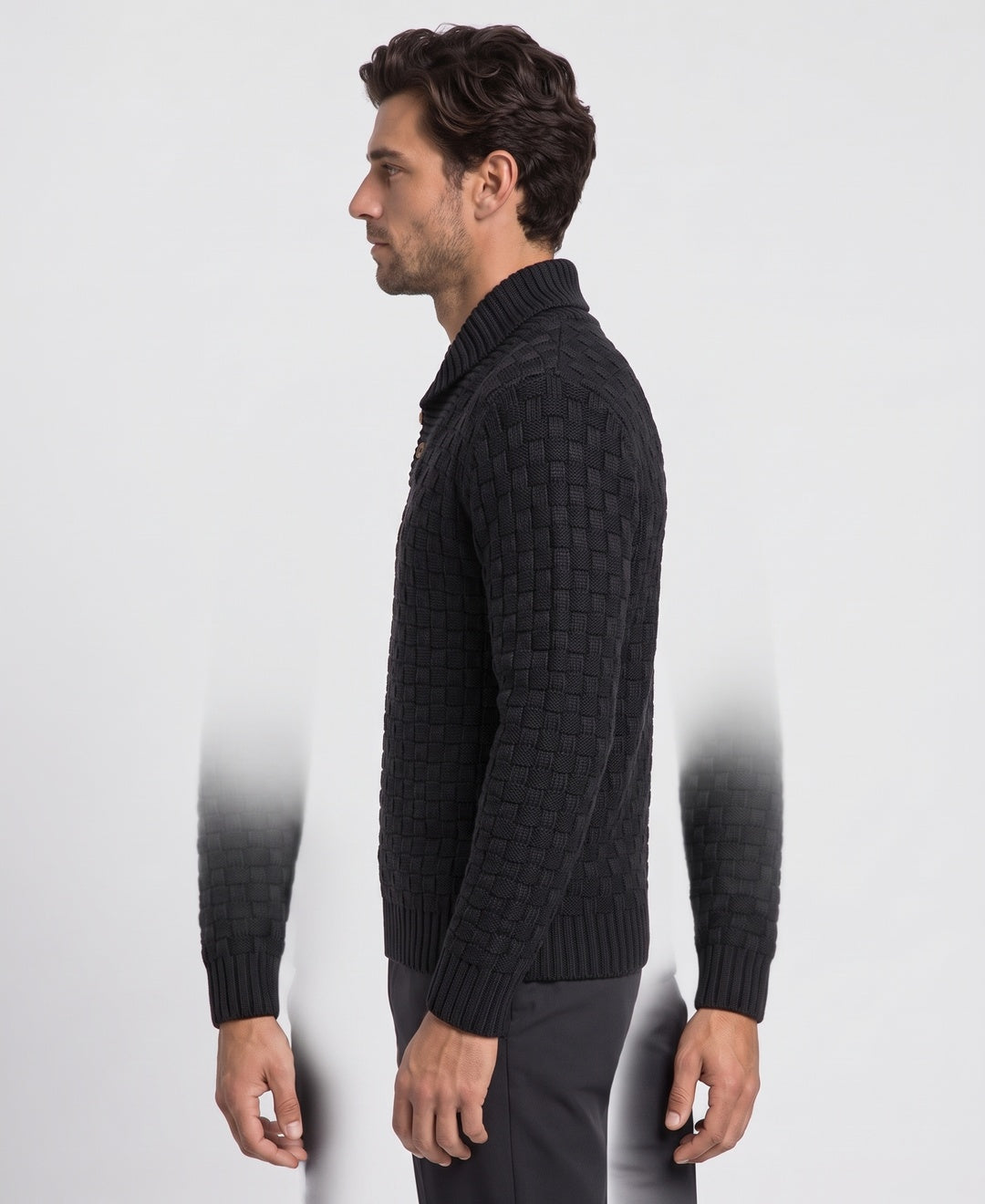 Men's chunky shawl-collar knit sweater in black, side view
