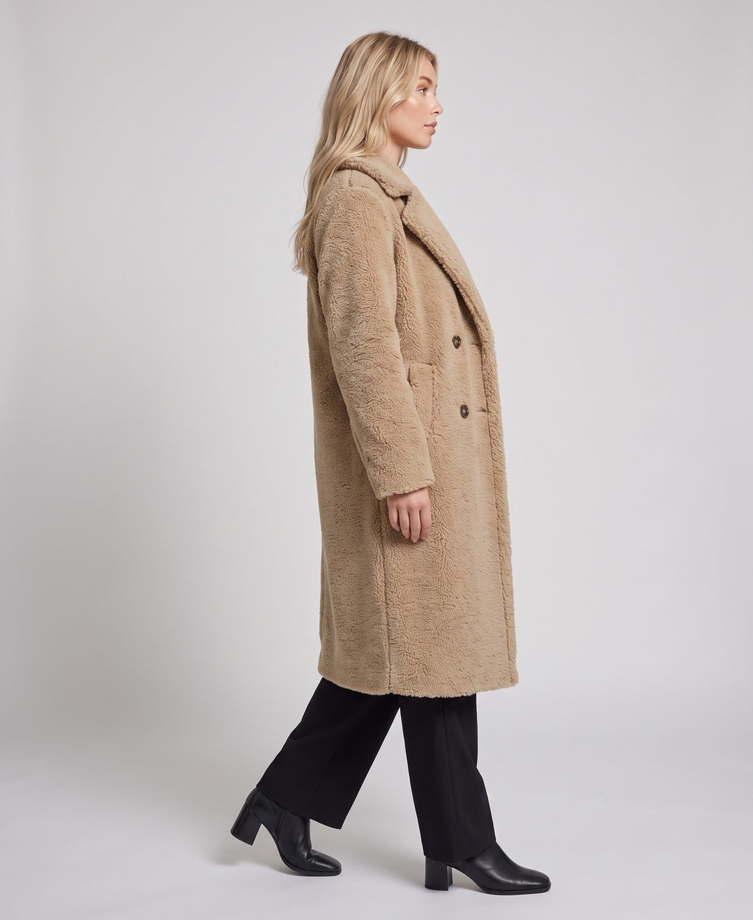 Women's teddy faux fur longline coat in khaki, side view