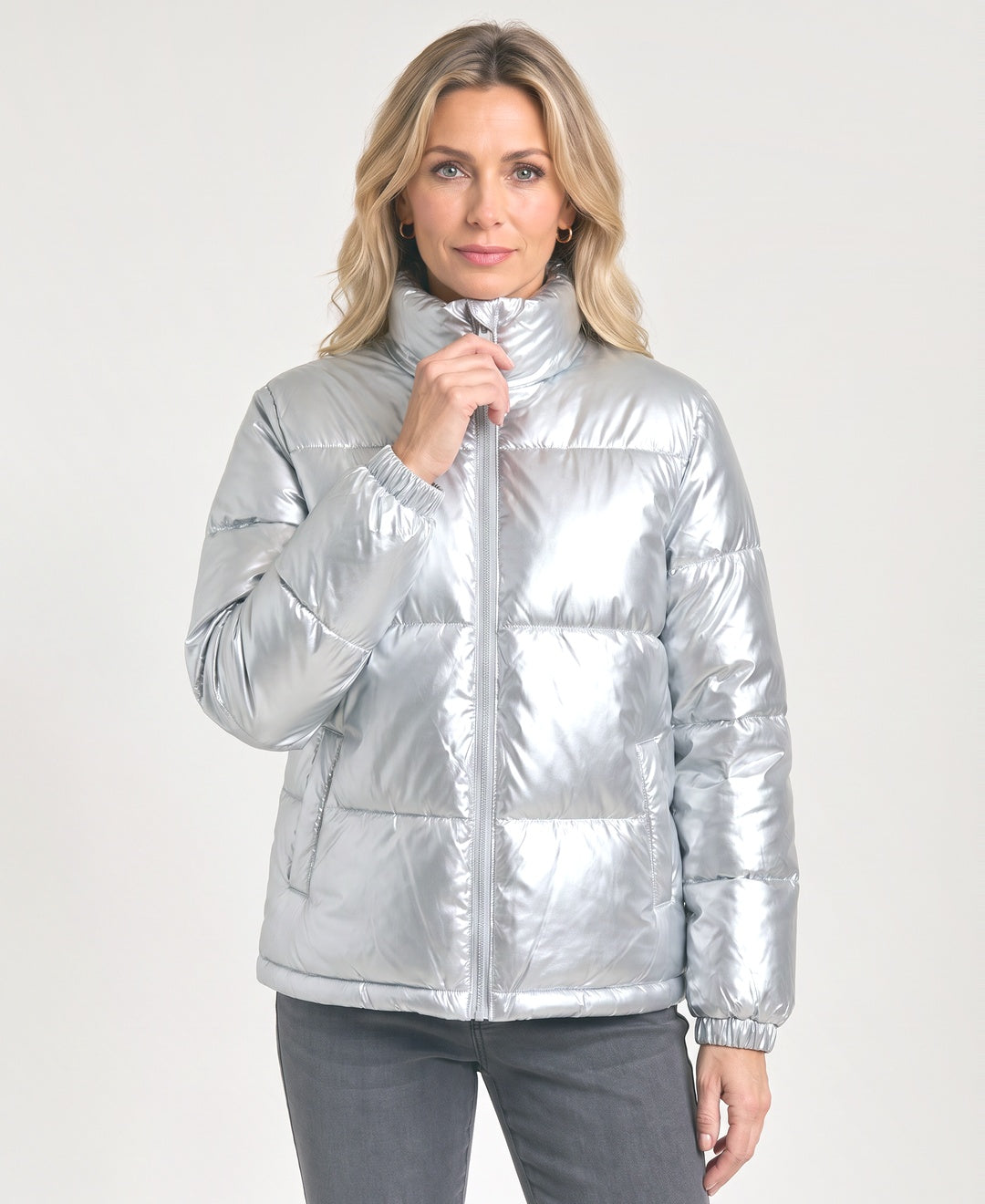 Glossy Metallic Puffer Jacket Stand Collar Zip Front silver front view