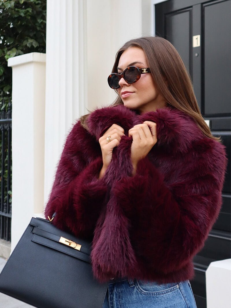 Donna Cappotto Corto Pelliccia Sintetica Colletto con Revers