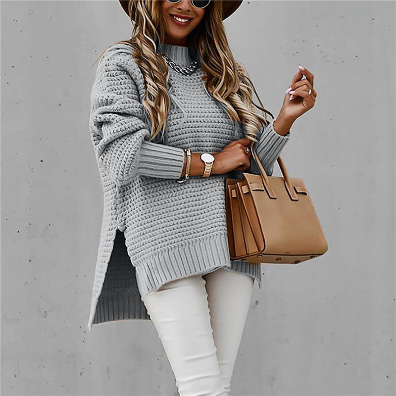 Robyn High Neck Waffle Knit Side Slit Jumper in Grey