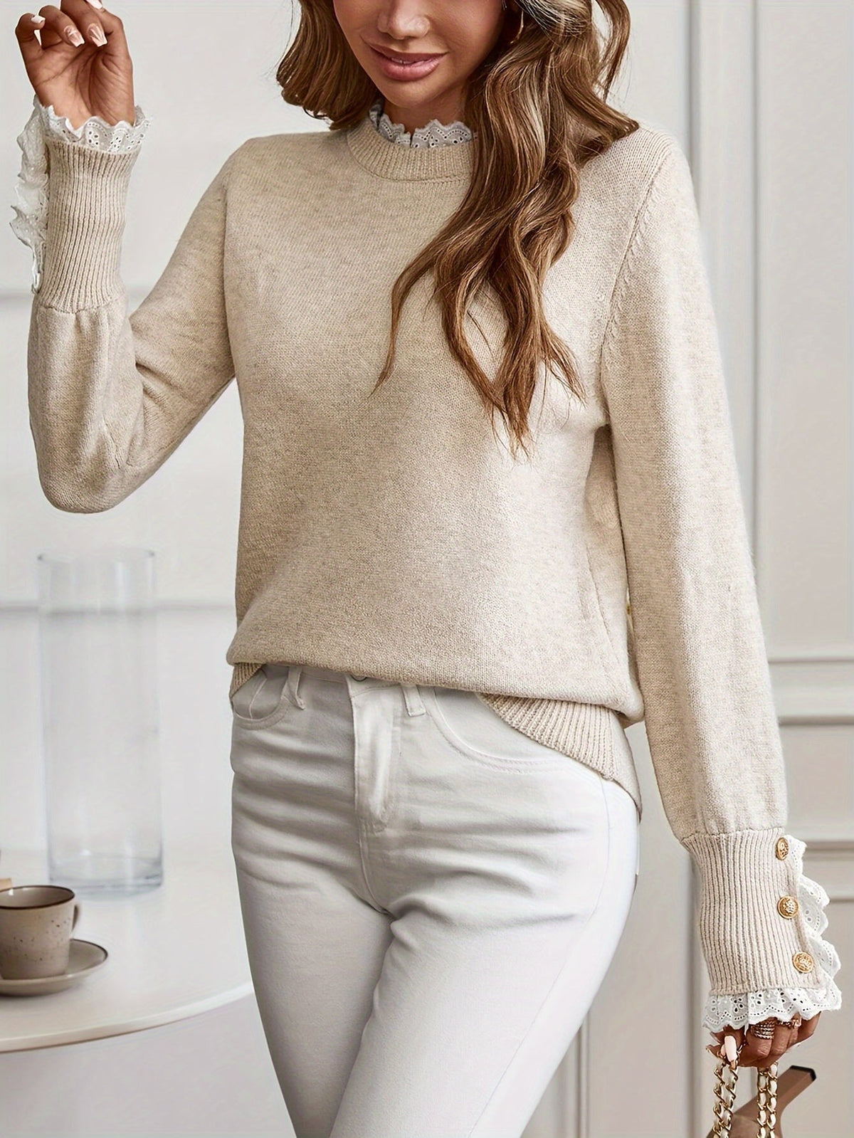 Shelby Lace Trim Button Cuff Jumper in Oatmeal