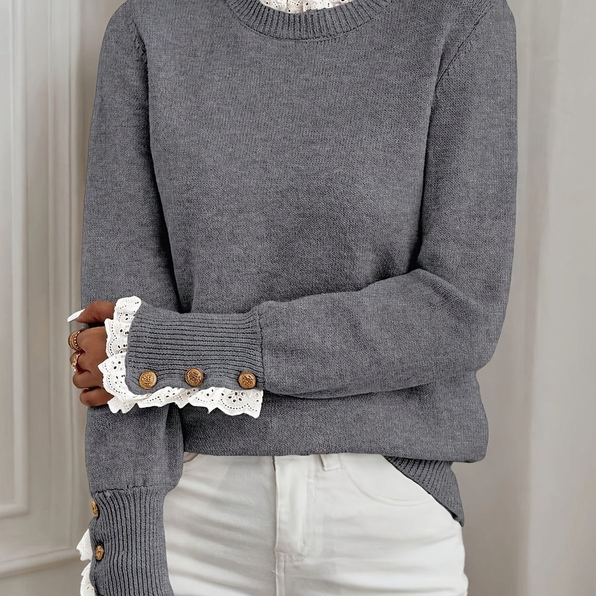 Shelby Lace Trim Button Cuff Jumper in Grey