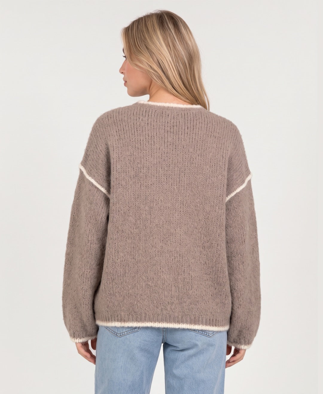 Women's oversized crew neck knit jumper with contrast edging in taupe, back view