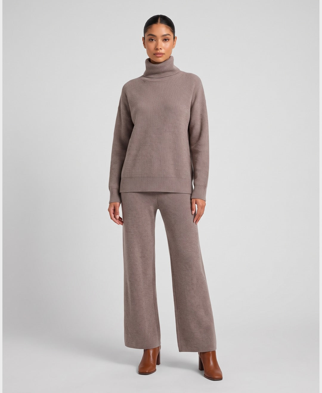 Auburn Cashmere Lounge Set in Taupe, front view