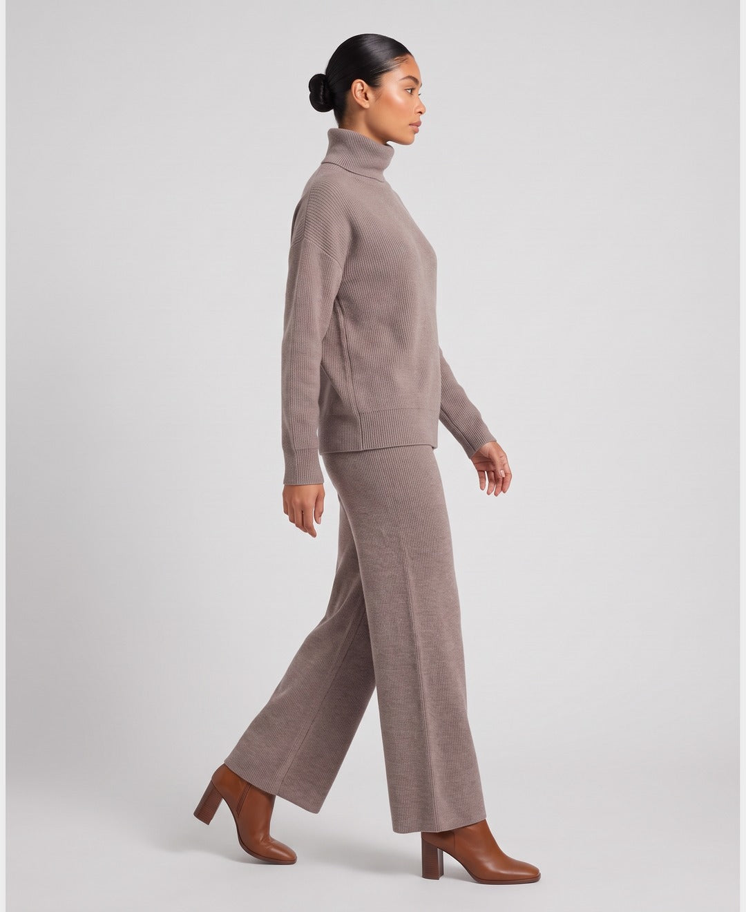 Auburn Cashmere Lounge Set in Taupe, side view