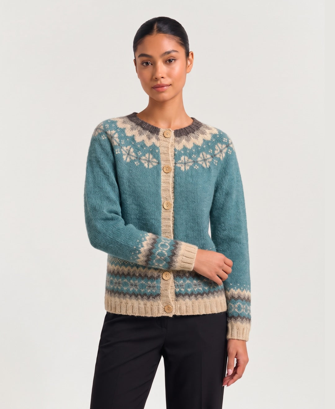 Women's Nordic jacquard button-front cardigan in teal, front view