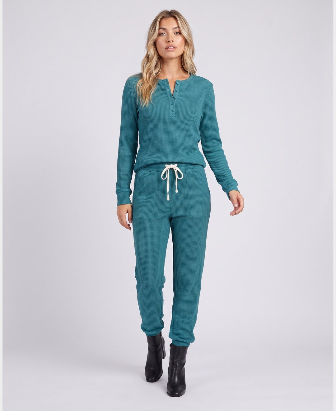 Brenda Waffle Henley Set in Turquoise, front view