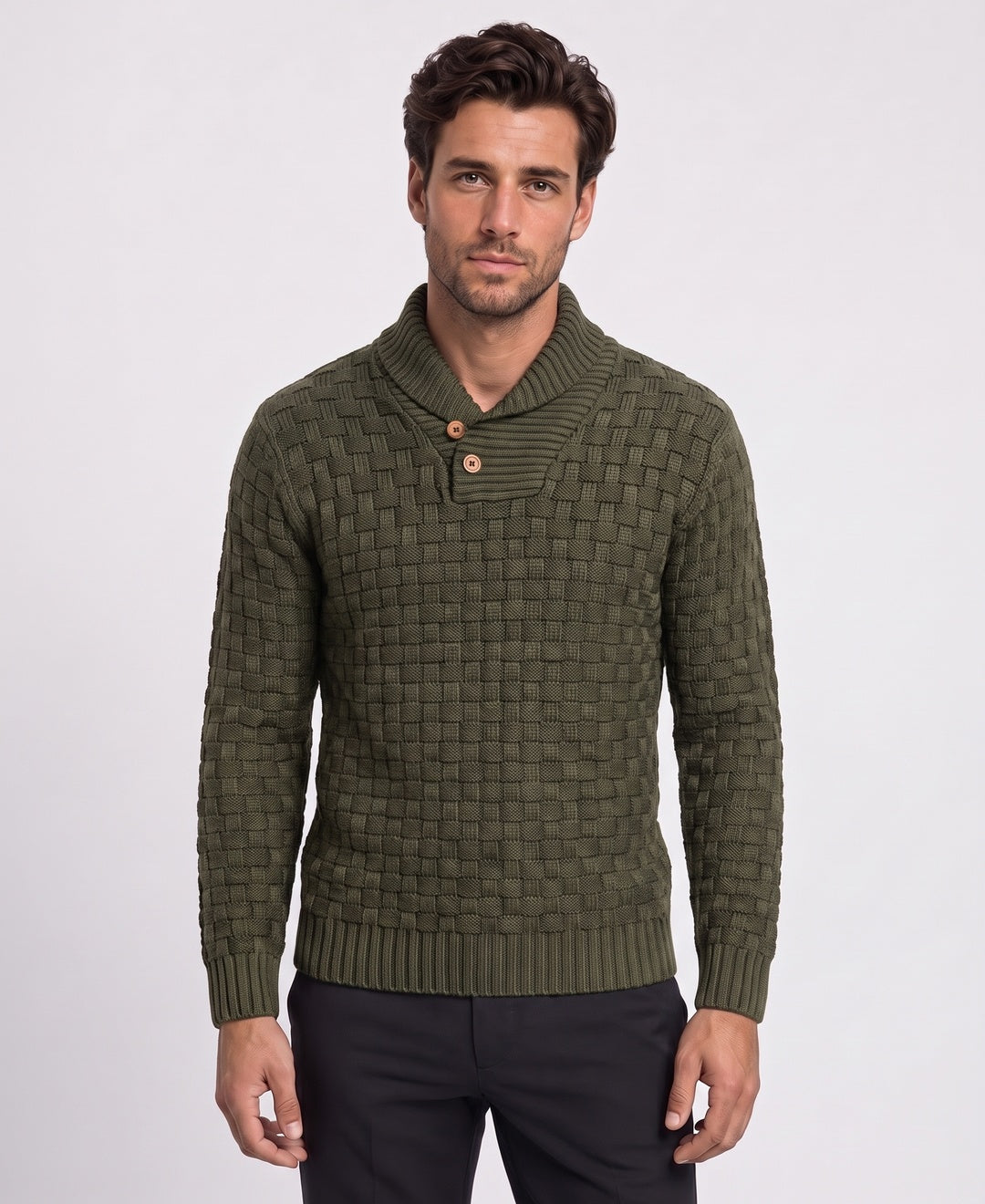 Men's chunky shawl-collar knit sweater in olive green, front view