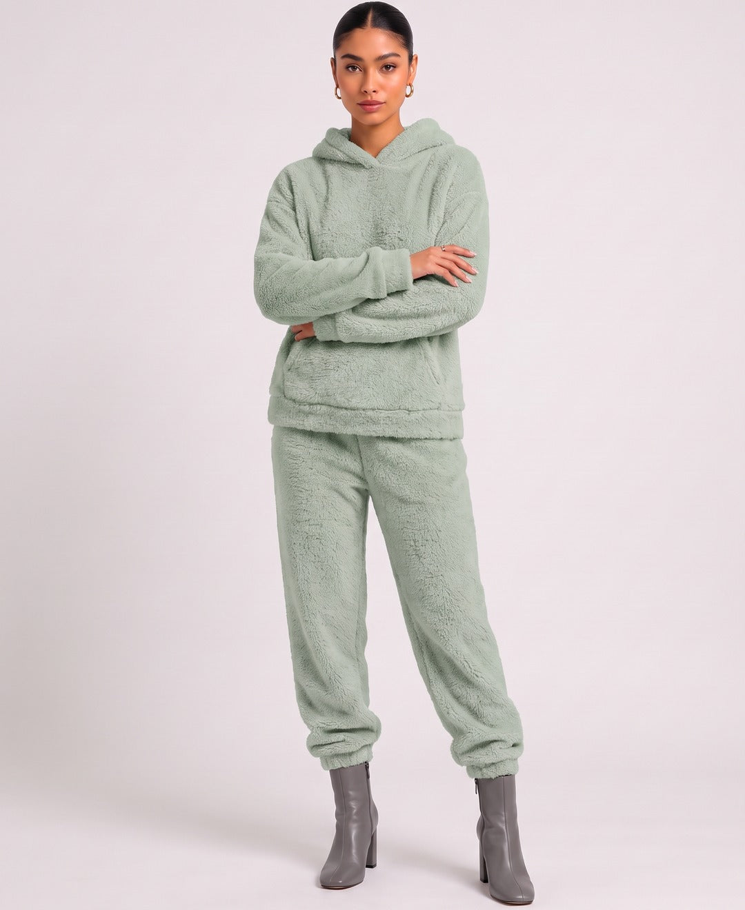 Freya Teddy Fleece Set in Light Green, front view