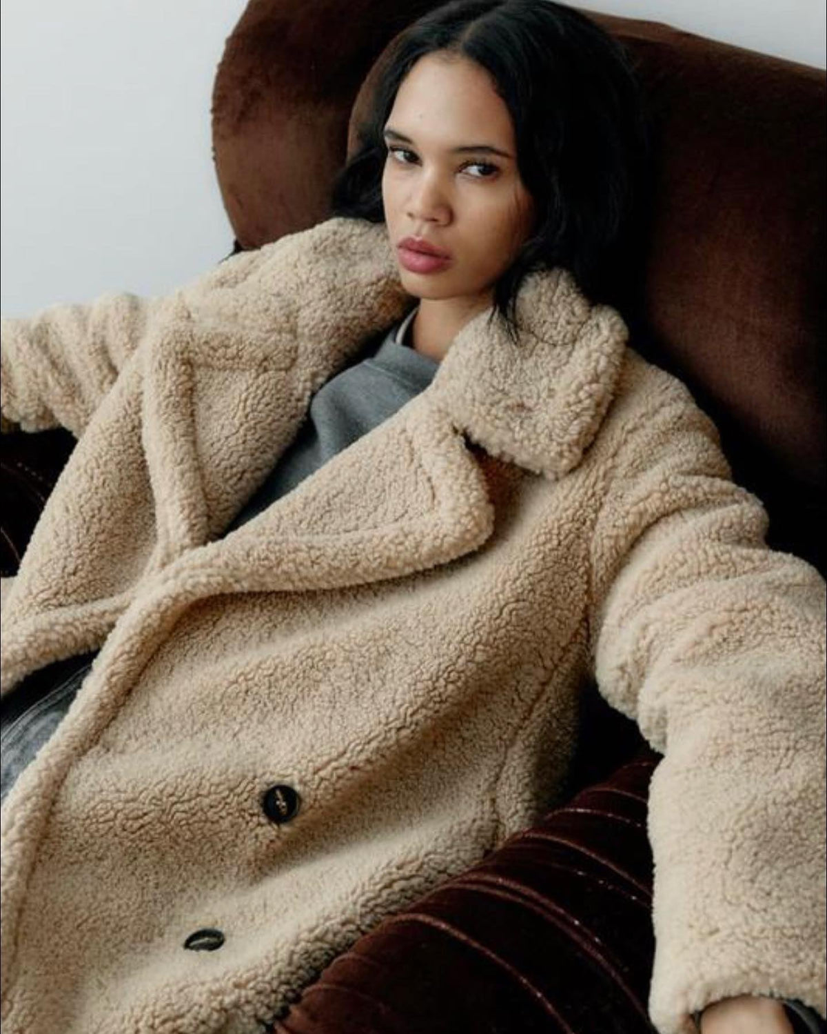 Carly Long Oversized Teddy Coat in Beige