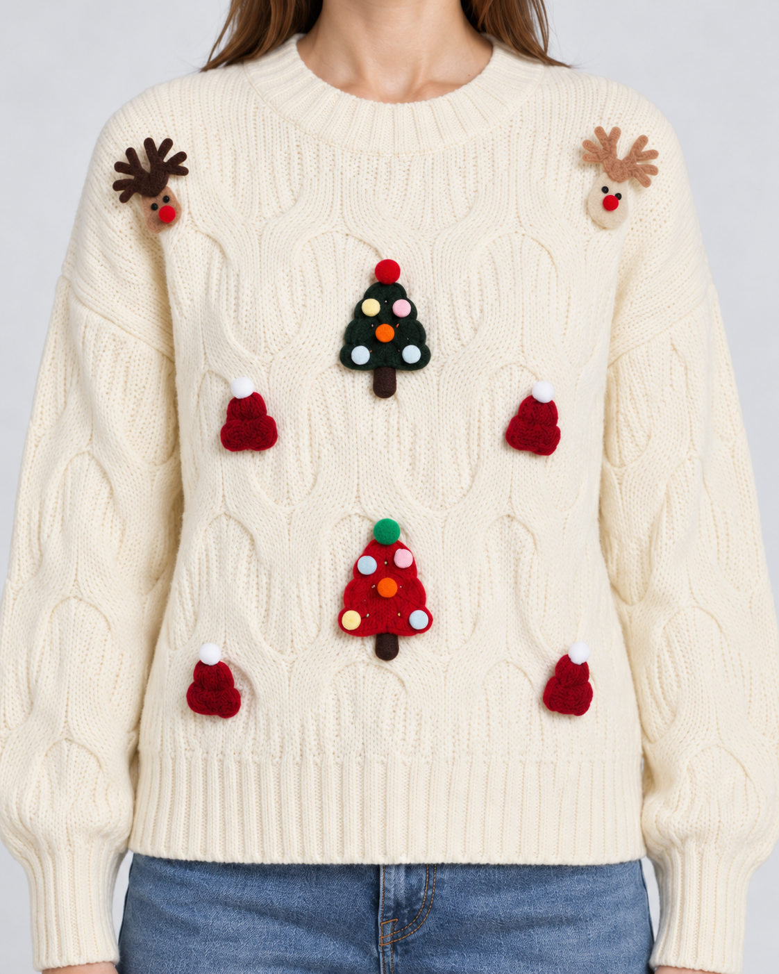 3D Tree and Reindeer Cable Knit Christmas Jumper, white, close-up