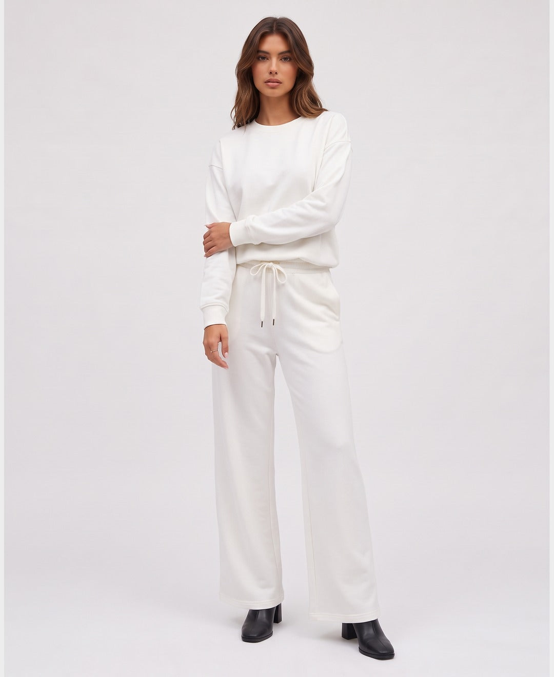 Senna Crewneck Lounge Set in White, front view